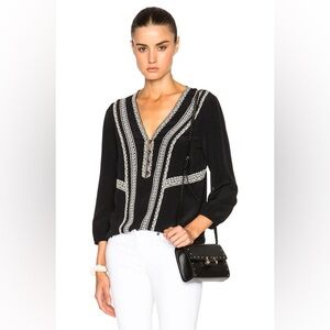 Veronica Beard Loreto Embroidered Silk Blouse Black Boho Chic Peasant Top